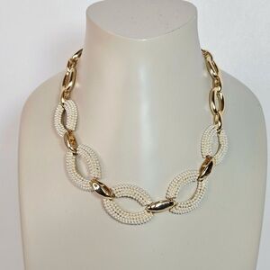 ANNE KLEIN Oval Chain Link Faux Pearl Chain Necklace Gold Tone NWT